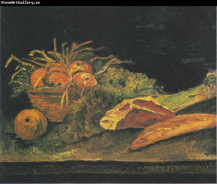 Vincent Van Gogh Still life with apple basket, meat and bread rolls